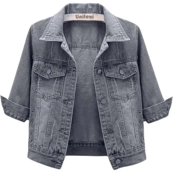 Women's 3/4 Sleeve Colored Cropped Denim Jacket Short Jean Jacket Trucker Grey - Picture 1 of 1